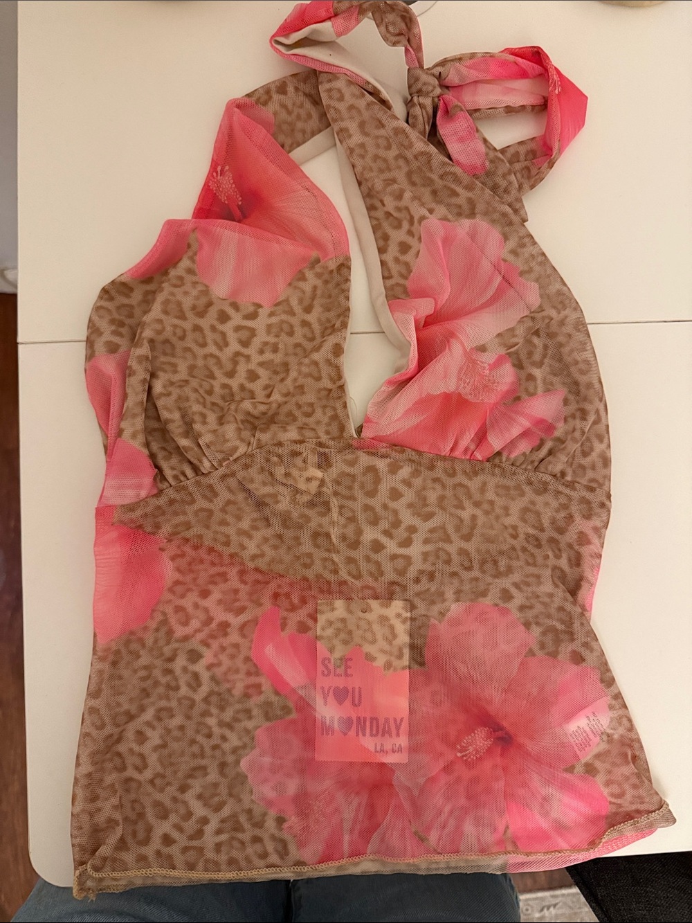 Pink floral and leopard halter top